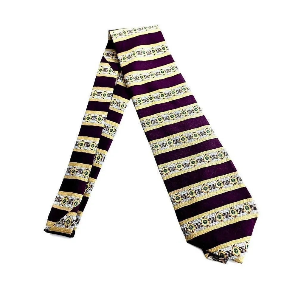 Kenneth Cole Maroon‎ Tan Abstract Striped Print Wide Silk Tie